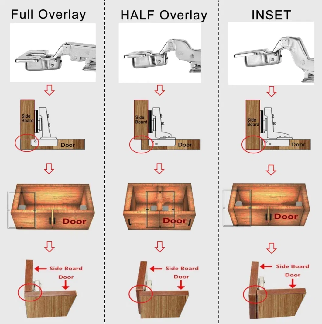 Furniture Hardware Steel Iron Fixed Detachable Concealed Folding Self Soft Close Hydraulic Full Half Overlay Inset Clip Slid on Kitchen Adjustable Cabinet Hinge